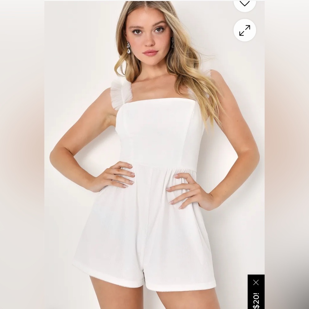 Lulu's White Ruffled Romper Size XS Bridal Shorts Romper with Tool Straps